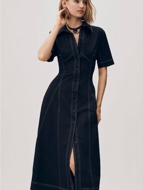 Black Midi Shirt Dress with Contrast Stitching